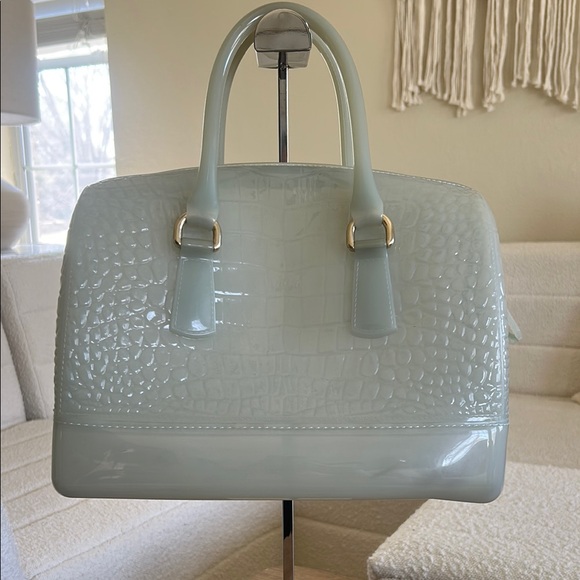 Gray Crocodile-Embossed Satchel with Glossy Finish - Picture 1 of 6